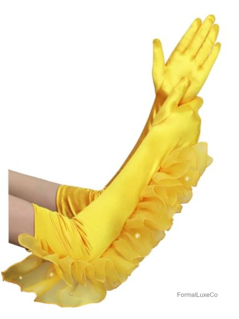 Long Satin Opera Gloves Side Ruffles Pearl Cuff Evening Party Accessories